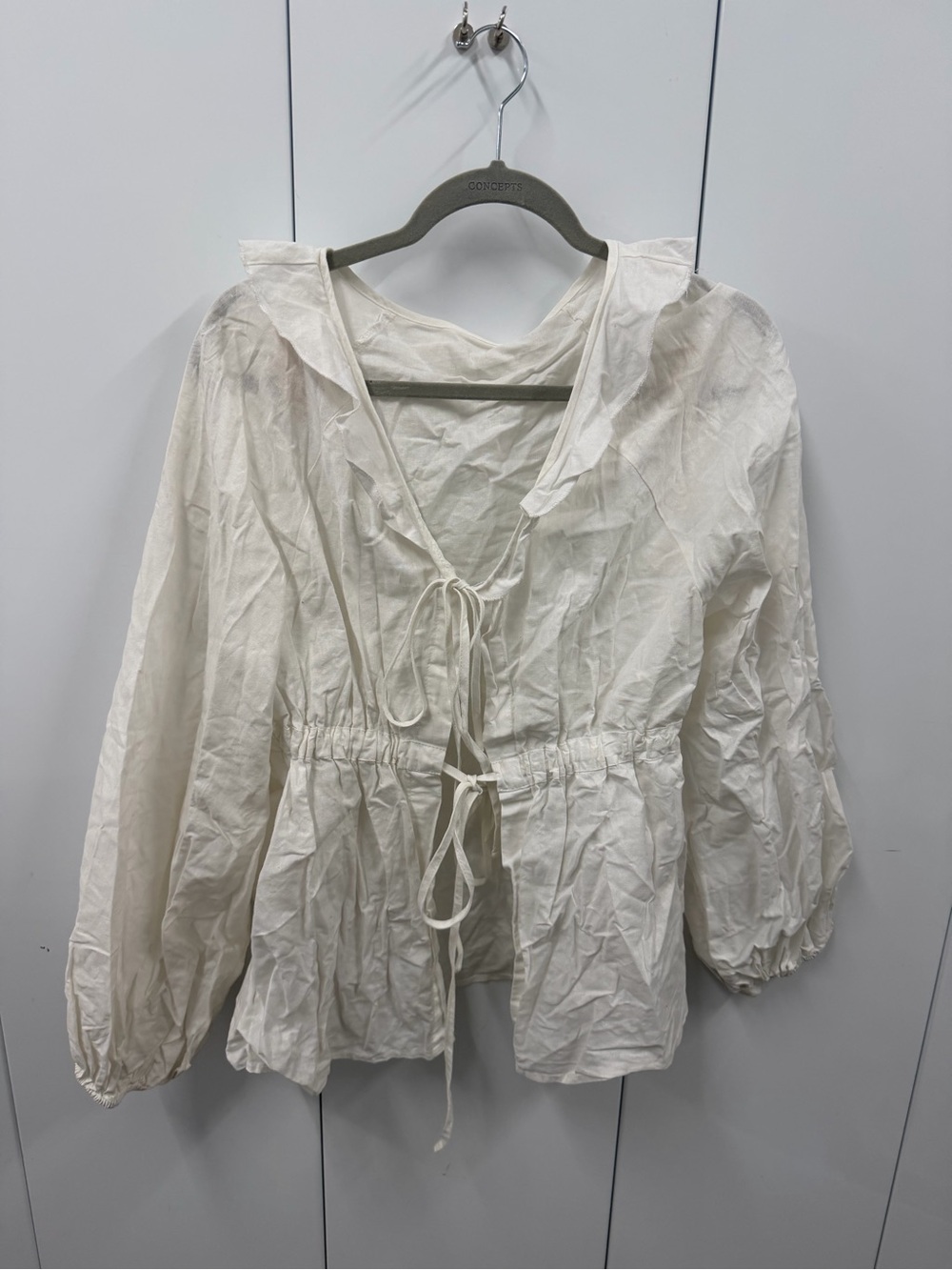 Commense Cream Tie-Front Peasant Top with Ruffle Trim